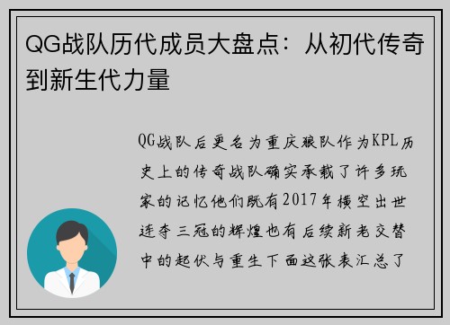 QG战队历代成员大盘点：从初代传奇到新生代力量