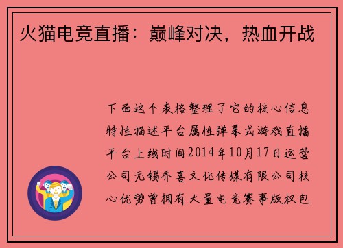 火猫电竞直播：巅峰对决，热血开战